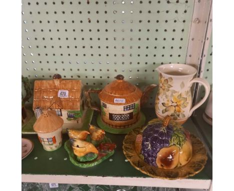 SHELF OF NOVELTY CHINA COTTAGES, CHICKENS ETC