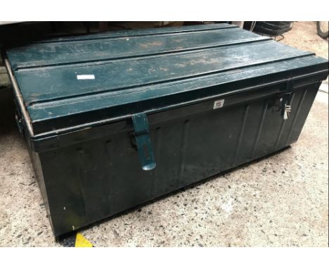 GREEN METAL TRAVEL TRUNK WITH 2 HANDLES