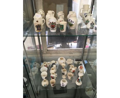2 SHELVES OF CRESTED CHINAWARE BY CARLTON TUSCAN CHINA &amp; OTHER MAKERS