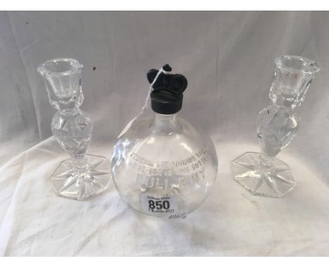 2 CRYSTAL CANDLE STICK HOLDERS &amp; AN UNUSUAL AMERICAN SPIRIT BOTTLE FOR 1 FULL PINT