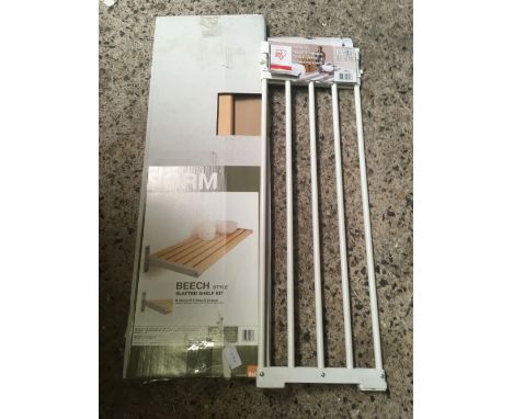 2 EXTENDING BATH SHELVES &amp; A BEECH STYLE SLATTED SHELF KIT - NEW IN BOXES 