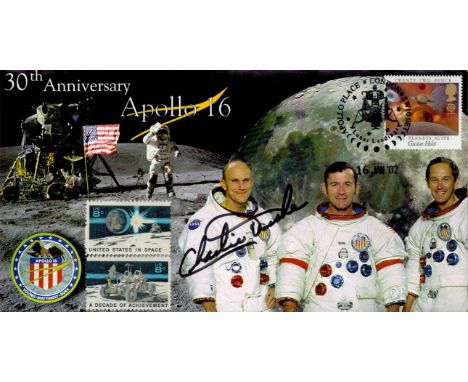 Apollo 16 Moonwalker astronaut Charlie Duke signed 2002 30th ann Apollo 16 cover, with 2 vintage US space stamps also on the 
