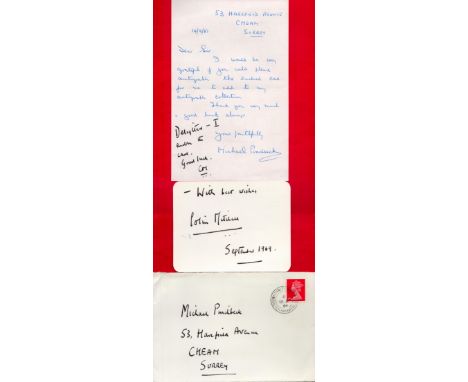 Military Aden Colin Campbell Mitchell signed card, letter and original mailing envelop. (17 November 1925 - 20 July 1996) was
