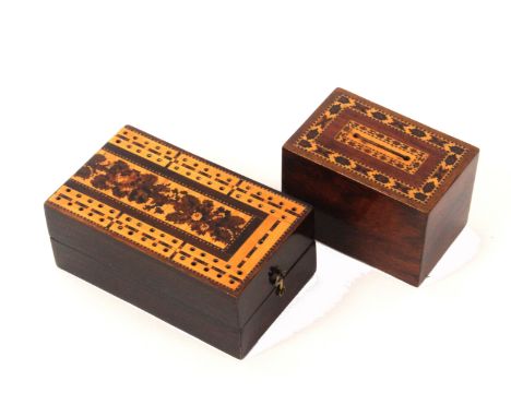 A Tunbridge ware money box and a cribbage box, the first of rectangular form in rosewood, the coin slot within bands of geome