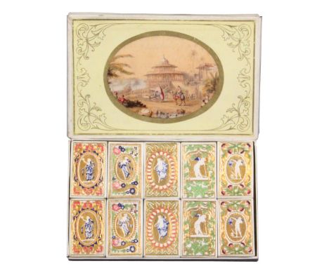 A Baxter style needle packet box containing the full set of ten fancy boxes, the outer rectangular box with an oval colour pr