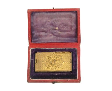A gilt brass Avery accordion needle packet case ‘Beatrice’, four sections, in original red leather presentation box, floral c