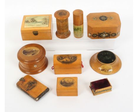 Mauchline Ware – eleven pieces, comprising a ‘Clark and Cos. Anchor …’, rectangular sewing box (floral print to lid), 21.5cms