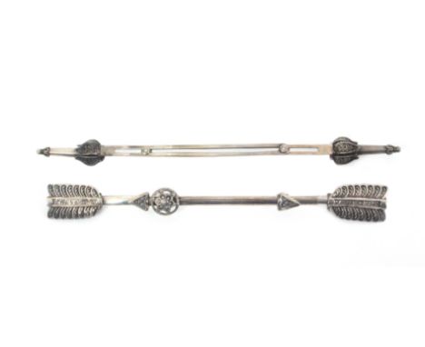 Two 19th Century continental silver knitting needle holders, each of sliding form, one with filigree mounted tapering ends, 2