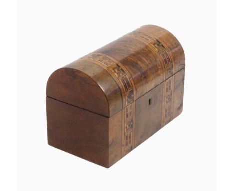 A late Victorian figured walnut dome top tea caddy, with two bands of geometric inlay, the foil lined interior complete with 