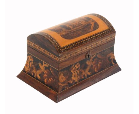 A good dome top Tunbridge ware rosewood stationery box, the lid with a mosaic panel of Hever Castle, within a satinwood panel