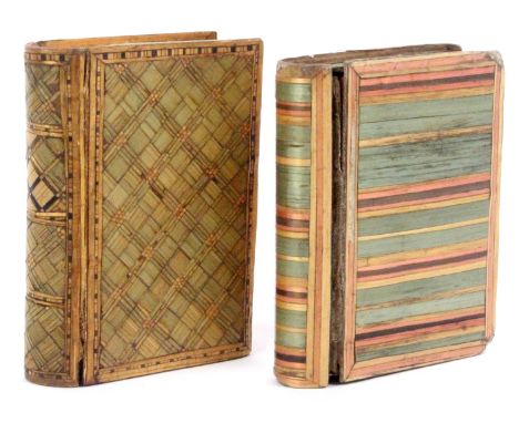 Two 19th Century French split and coloured straw work book form boxes, each with mirror to lid interior over a colour print a
