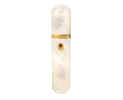 A Palais Royal mother of pearl needle case, of rectangular curved end form one side with gilt and enamel oval pansy motif, bo