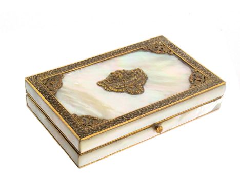 A fine Palais Royal souvenir sewing companion, the rectangular mother of pearl case with gilded borders and spandrils to the 