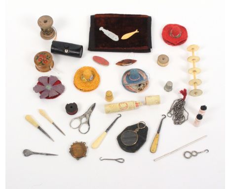 A mixed lot – sewing, comprising a 1920’s Turkish celluloid decorated cylinder with folding scissors, stiletto/reel, and croc