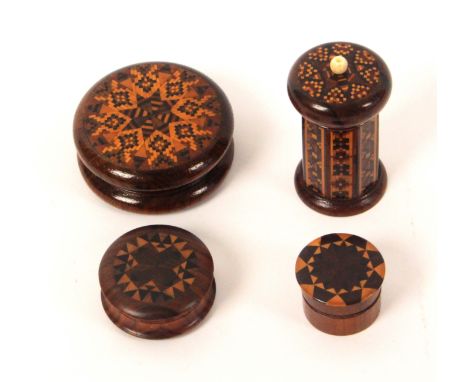 Tunbridge ware – four pieces, comprising a circular rosewood box, the lid in mixed geometric mosaic and stick ware, 6cms, a c