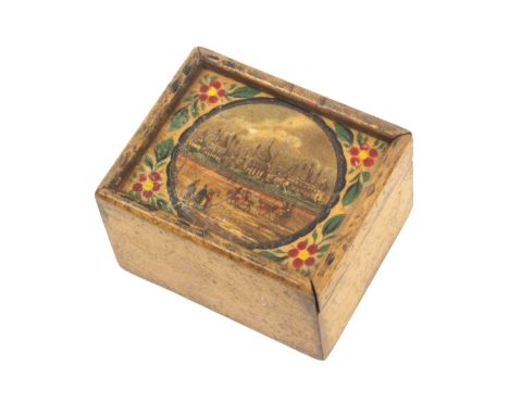 A small early Tunbridge ware white wood box with print and paint decoration, the rectangular box with sliding lid with a circ