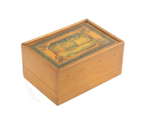 A rare early 19th Century Tunbridge ware rectangular sewing box, the sliding lid with a colour print of houses with figures i