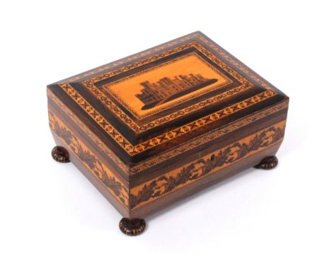 A good Tunbridge ware rosewood fitted sewing box, of sarcophagol form, the lid with a fine mosaic panel of Eridge Castle (pos