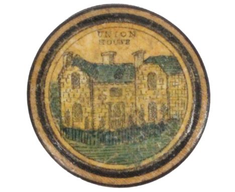 A rare early Tunbridge ware print and paint decorated reel circa 1820, of circular domed form, one side with a circular colou