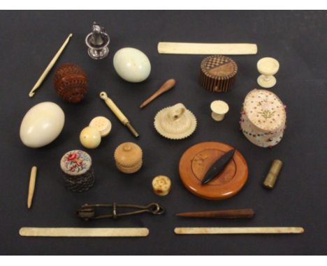 A mixed lot – sewing, comprising two marble hand coolers, a coquilla egg, 6.5cm, a straw work circular box, 5cm, a cardboard 