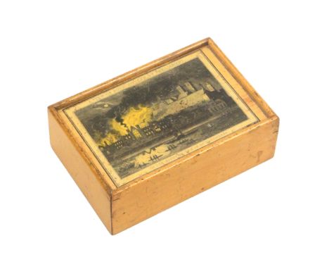 An early white wood and print decorated Tunbridge ware box, the sliding lid with a titled print ‘A View Of Both Houses Of Par