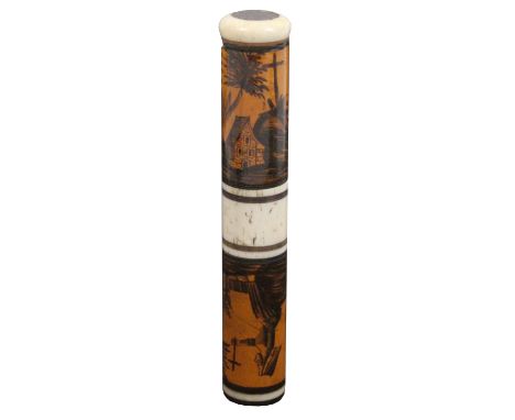 An early 19th Century billet doux or bodkin case, in wood and bone, of cylinder form painted in black with a figure of a nun 