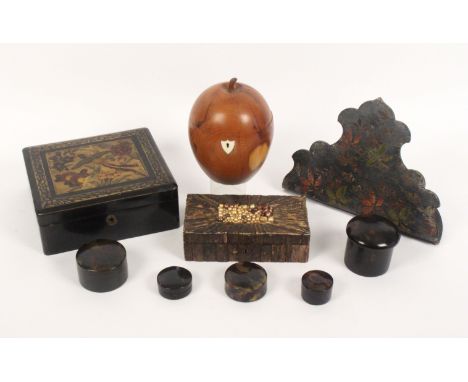 A mixed lot, comprising a modern yew wood apple form tea caddy, 16.5cms, an oriental lacquer box, 20cm, a 19th Century stag h