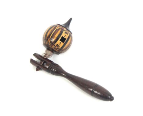A rare Tunbridge ware stick ware and mosaic spinning top complete with rosewood handle, 7.5cms high. &nbsp; &nbsp; &nbsp; &nb