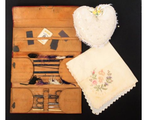 A mixed lot – sewing, comprising a red leather knitting needle and sewing case, 24.5cms, a Victorian point de gaze needle lac