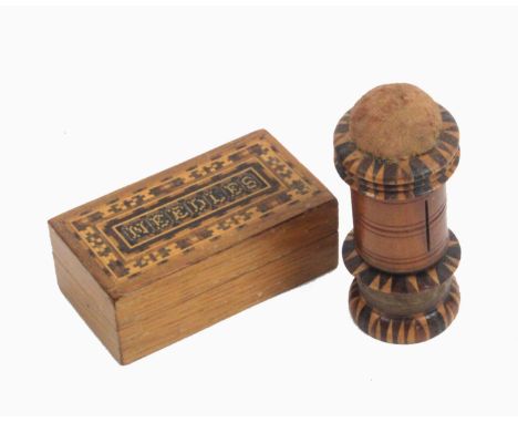 Tunbridge ware – two pieces, comprising a rectangular oak box the lid inscribed in mosaic ‘Needles’ within geometric mosaic b