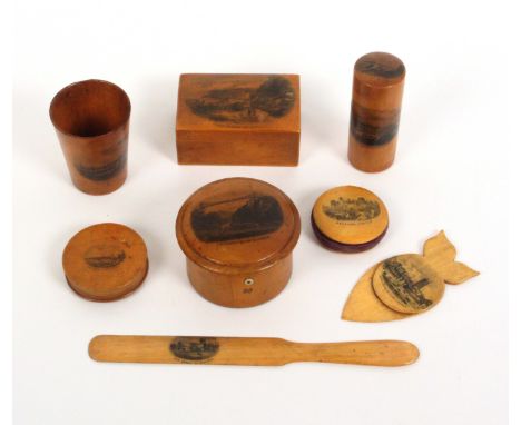 Mauchline ware – eight pieces, comprising a circular reel box (St. Vincents Rocks, Clifton/Clark and Co’s), 8cms, a cylinder 