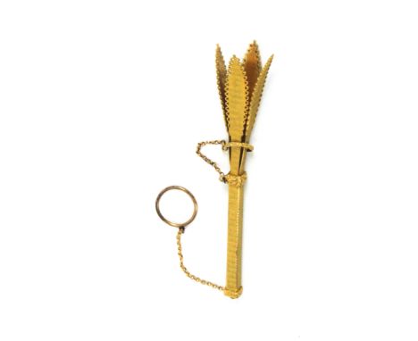 A mid 19th Century French gilt metal posy holder, the square stem on ring and chain the leaf shaped retainers closed by a fur