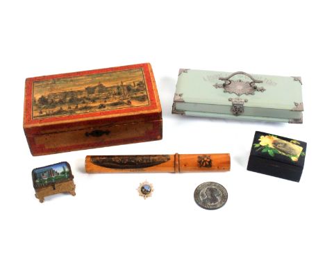 Souvenirs of Crystal Palace – seven pieces, comprising a print decorated rectangular wooden box the lid titled ‘Crystal Palac