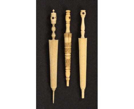 Three bone needle cases incorporating Stanhopes, in the form of furled umbrellas (oval portrait, possibly Princess Alexandra 