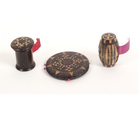 Tunbridge ware – three pieces, comprising a rosewood cylinder form tape measure with domed stickware top, the complete tape i