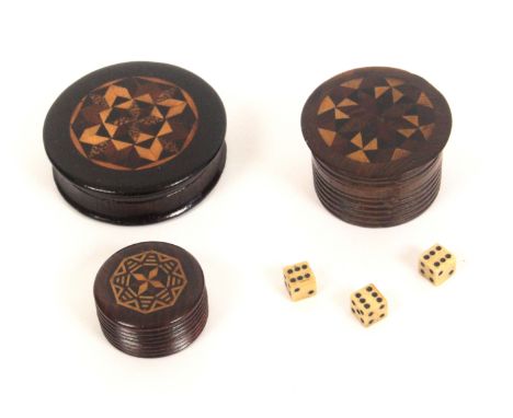 Tunbridge ware – three rosewood turned circular boxes, each with a circular stick ware panel to the lid, one containing three