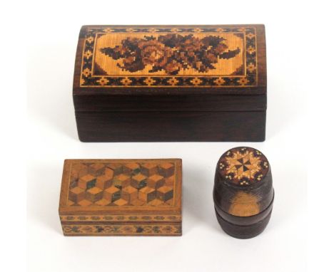 Tunbridge ware – three pieces, comprising a rosewood rectangular box, the domed lid in floral mosaic within a geometric borde