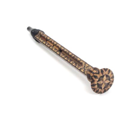 A rare Tunbridge ware retractable pencil, the turned rosewood lead mount to a square mosaic body with slide to one side below