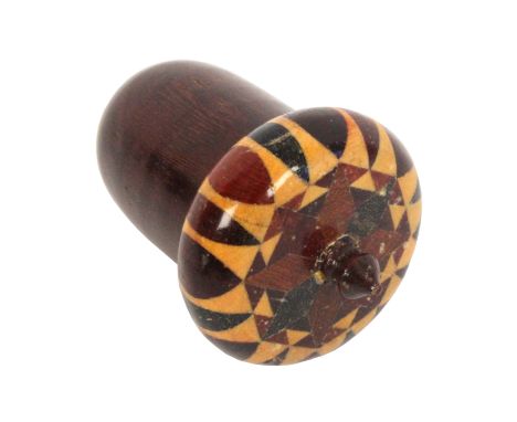A Tunbridge ware rosewood acorn form thimble case, stick ware top, with a later metal thimble, 5cm. &nbsp; &nbsp; &nbsp; &nbs