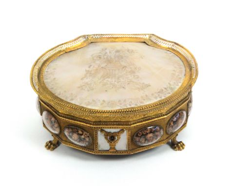 A fine Palais Royal sewing box with a full complement of fittings, circa 1830, the lid formed from a large mother of pearl sh