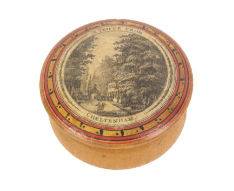 A rare early Tunbridge ware whitewood paint and print decorated turned whitewood box, the bulbous base below a domed lid with
