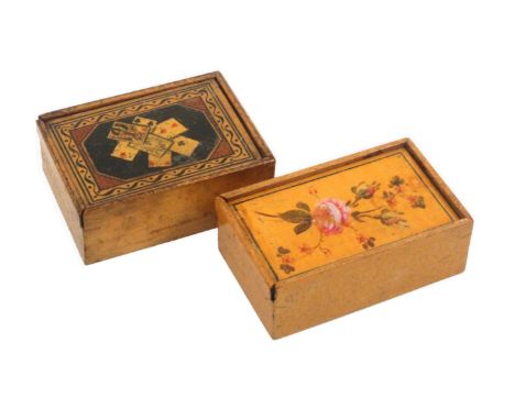 Two early white wood rectangular boxes, probably early Tunbridge ware, both with sliding lids, one decorated with six playing