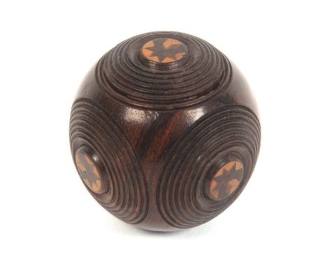 A rosewood Tunbridge ware carpet ball sovereign case, the six ring turned faces each centred by a stick ware roundel, 5cms di