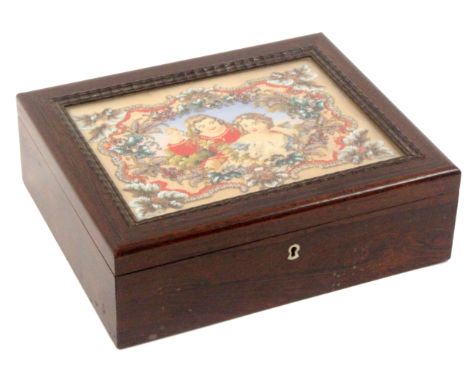 A mid 19th Century French rosewood sewing or games box, of rectangular form, the lid inset with a tapestry and beadwork panel