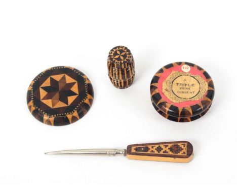 Tunbridge ware – sewing, four pieces, comprising a stick ware barrel form waxer, 3.2cms, a stick ware pin dish, 5cms, a circu