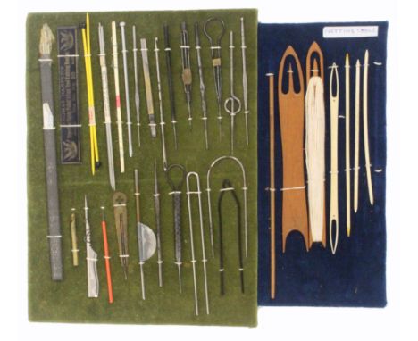Crochet and netting tools, a rectangular green velvet mounted display of variant crochet hooks and knitting needles, 32 x 23c