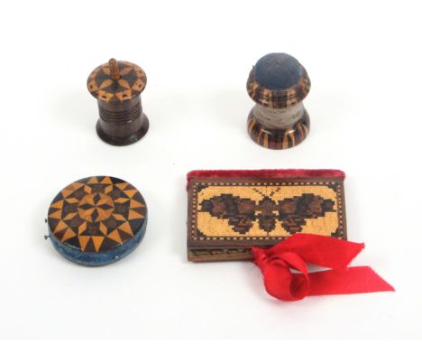 Tunbridge ware – four pieces, comprising a rosewood needle book each leaf with a butterfly in mosaic, 6cms, and three stick w