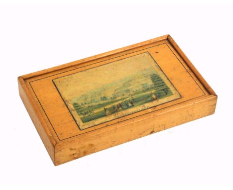 Souvenir of Crystal Palace – a scarce whitewood paint box, of rectangular form, the sliding lid with colour print titled ‘Cry