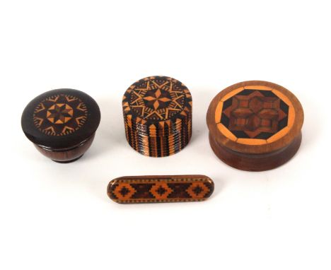 Tunbridge ware – four pieces, comprising a stick ware cylinder box, 3cms, a rosewood salve box with domed stick ware cover, 3