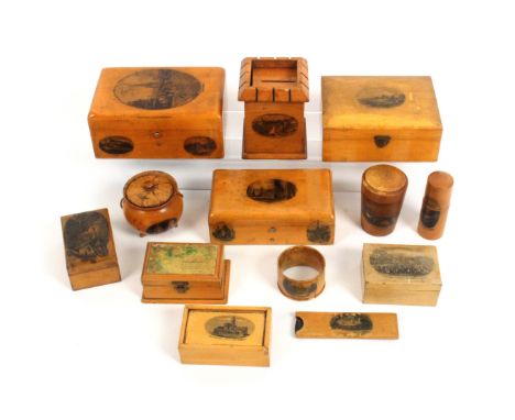 Mauchline ware – thirteen pieces, most with condition issues comprising a rectangular box (Scott’s Monument – photographic/Ed